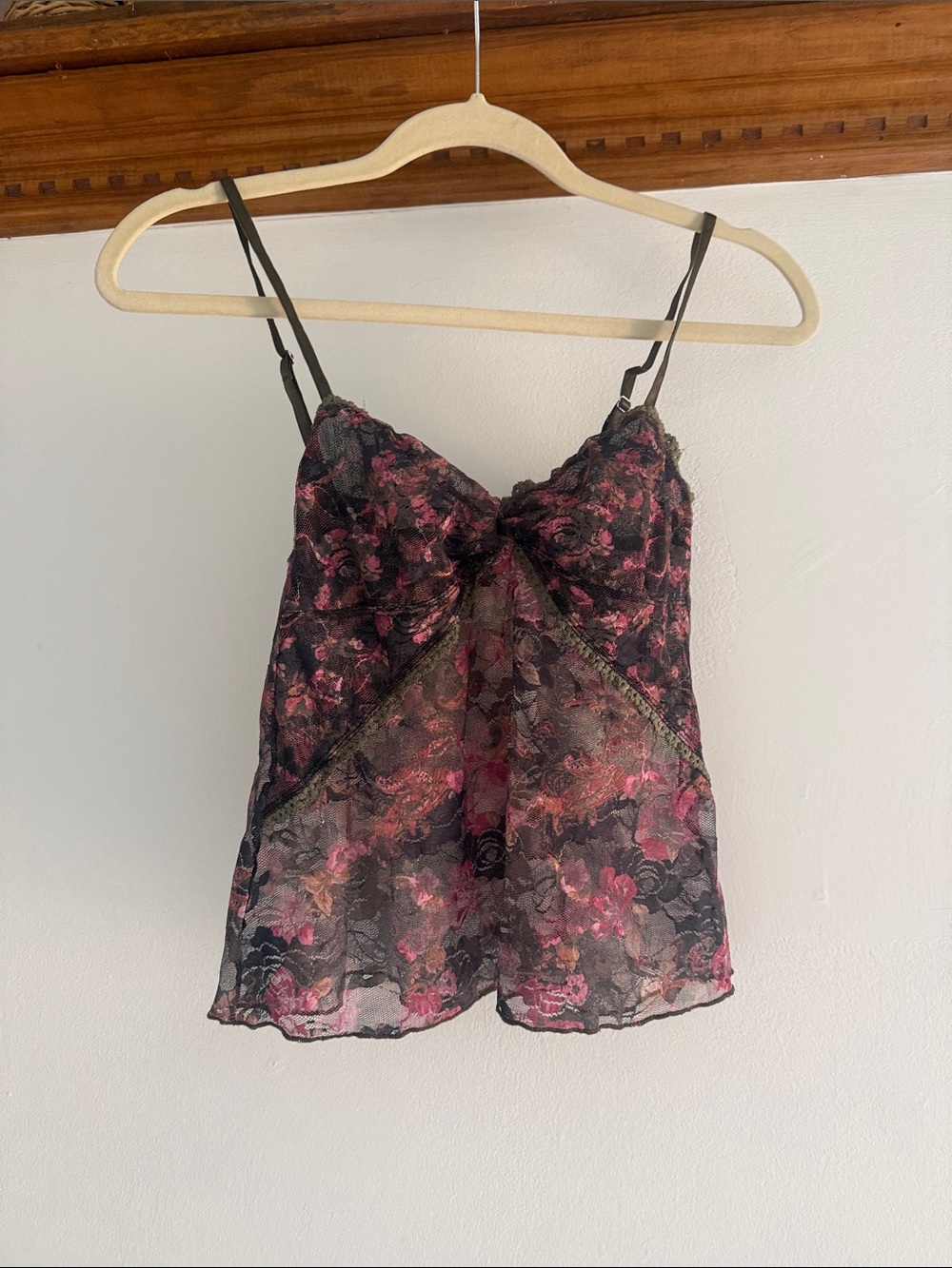 Urban Outfitters Sheer Black Floral Lace Cami Top - Pink & Black